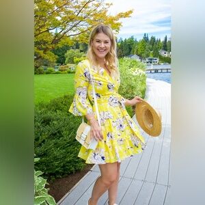 Eliza J Yellow Faux Wrap Floral Lined Chiffon Dress Belted Summer Petite 6 NWT